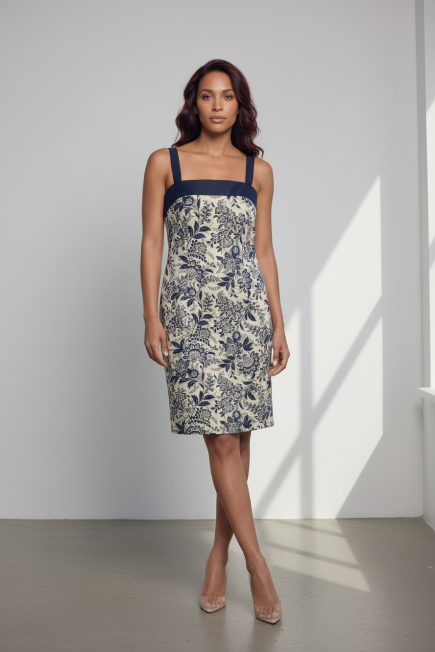 Citrine Women's Navy and Cream Floral Print Sheath Dress